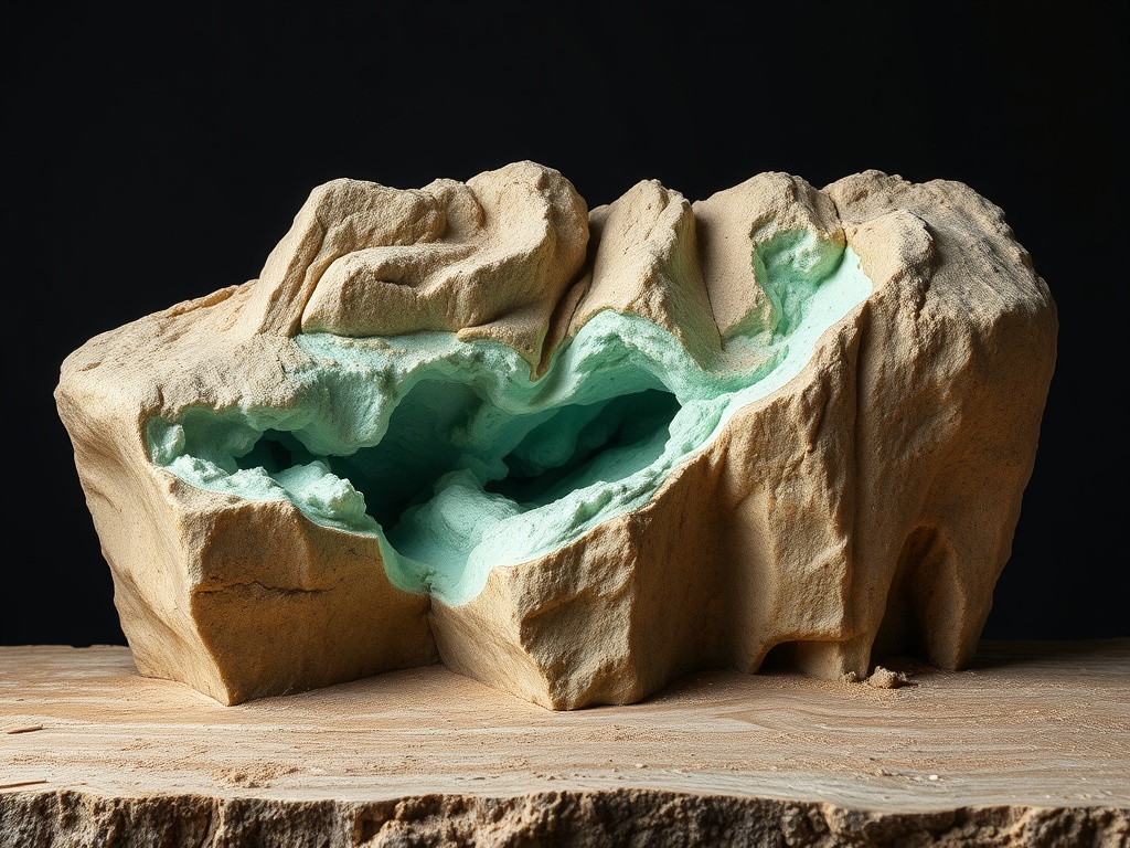 Скульптура с песчаной поверхностью и изумрудным внутренним слоем, освещённая на тёмном фоне.