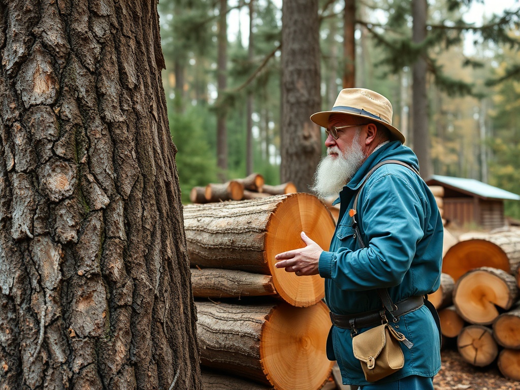Пожилой мужчина в шляпе стоит у дерева, обсуждая его срез с рядом бревен в лесу.