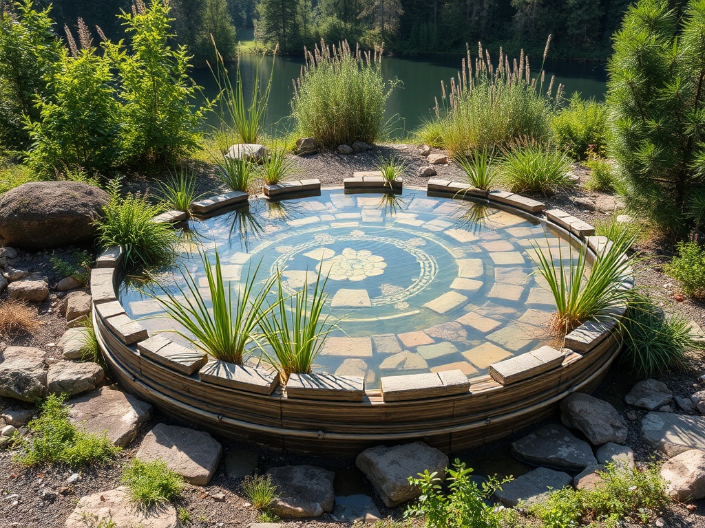 Круглый пруд с каменной отделкой, окружённый зелеными растениями, на фоне спокойной воды и леса.