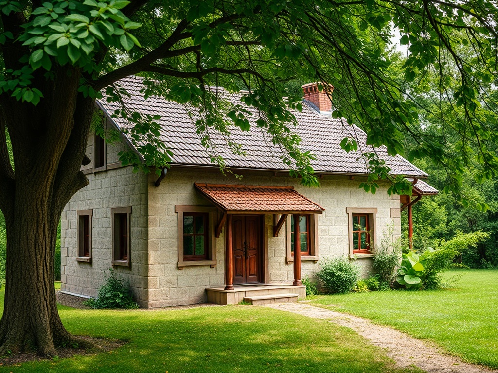 Красивая загородная дом с зелёным садом и деревьями вокруг, спокойная обстановка на природе.