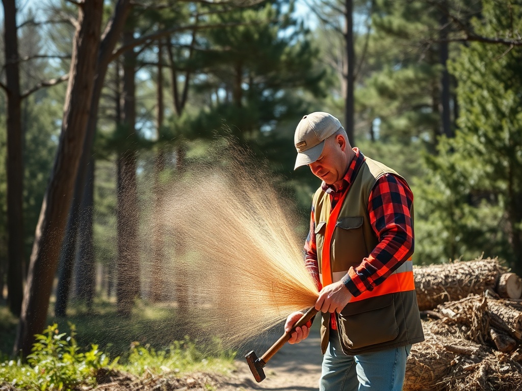 Рабочий в лесу с топором, осторожно отряхивает древесную пыль на фоне деревьев и бревен.