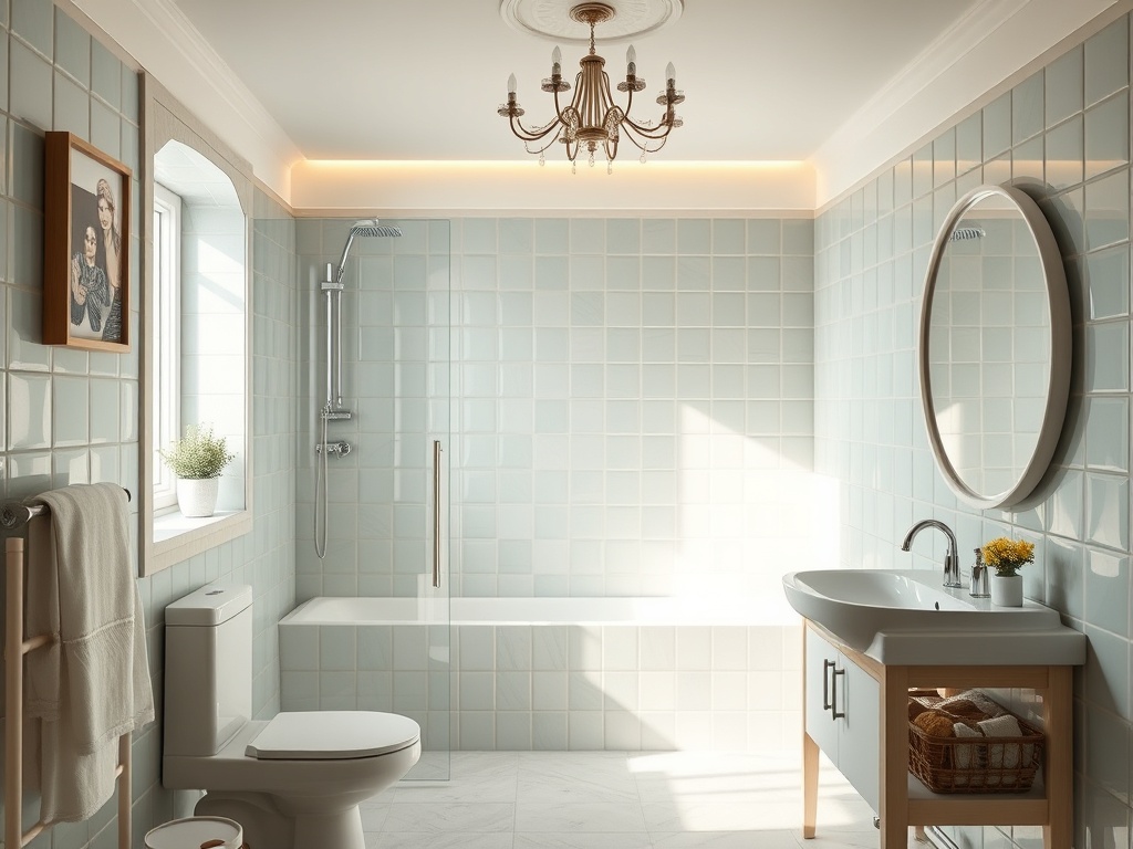 Современная ванная комната с голубой плиткой, душевой кабиной, зеркалом и светильником. Небольшие растения на окне.