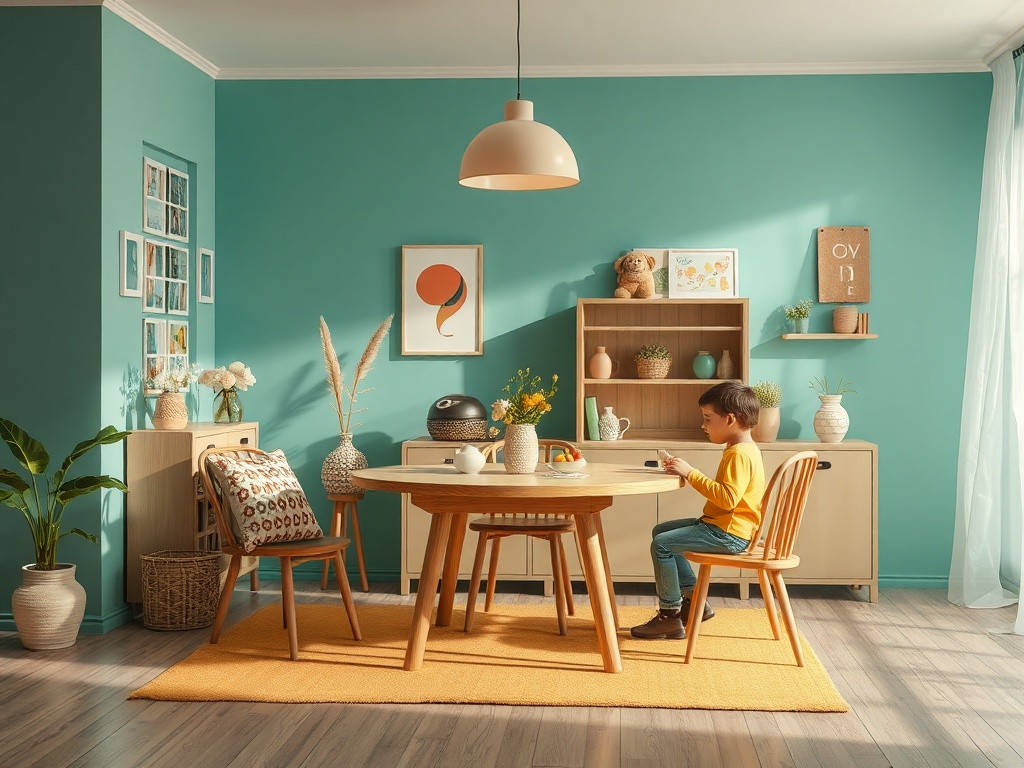 Мальчик в желтой кофте сидит за столом в уютной комнате с зелеными стенами и ярким настенным декором.