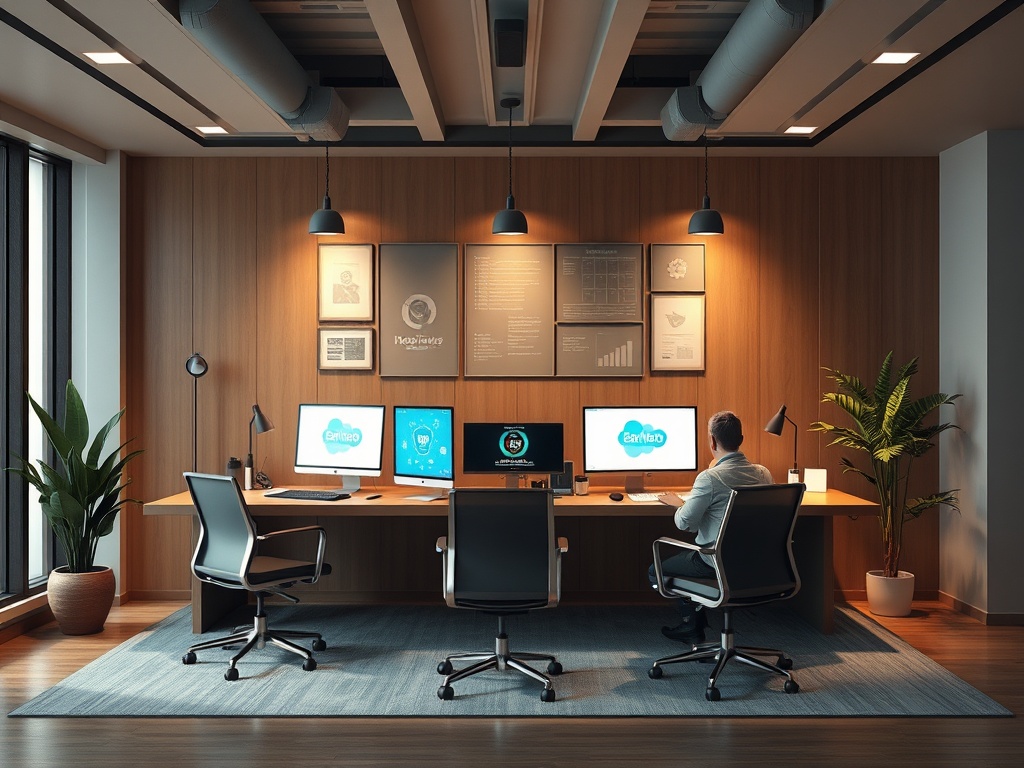 Современный офис с двумя компьютерами и стульями, освещенный лампами и окруженный растениями.