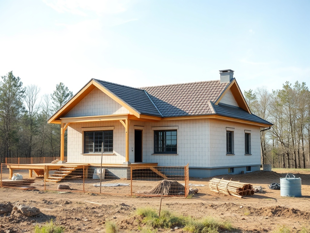 Современный дом со светлой отделкой на фоне леса, строится на открытой местности.