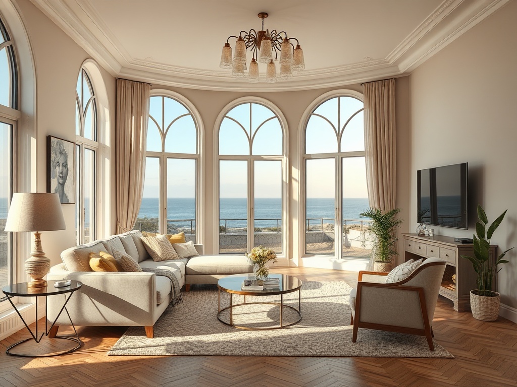 Светлая гостиная с большими окнами и видом на море, уютная мебель и стильные детали интерьера.