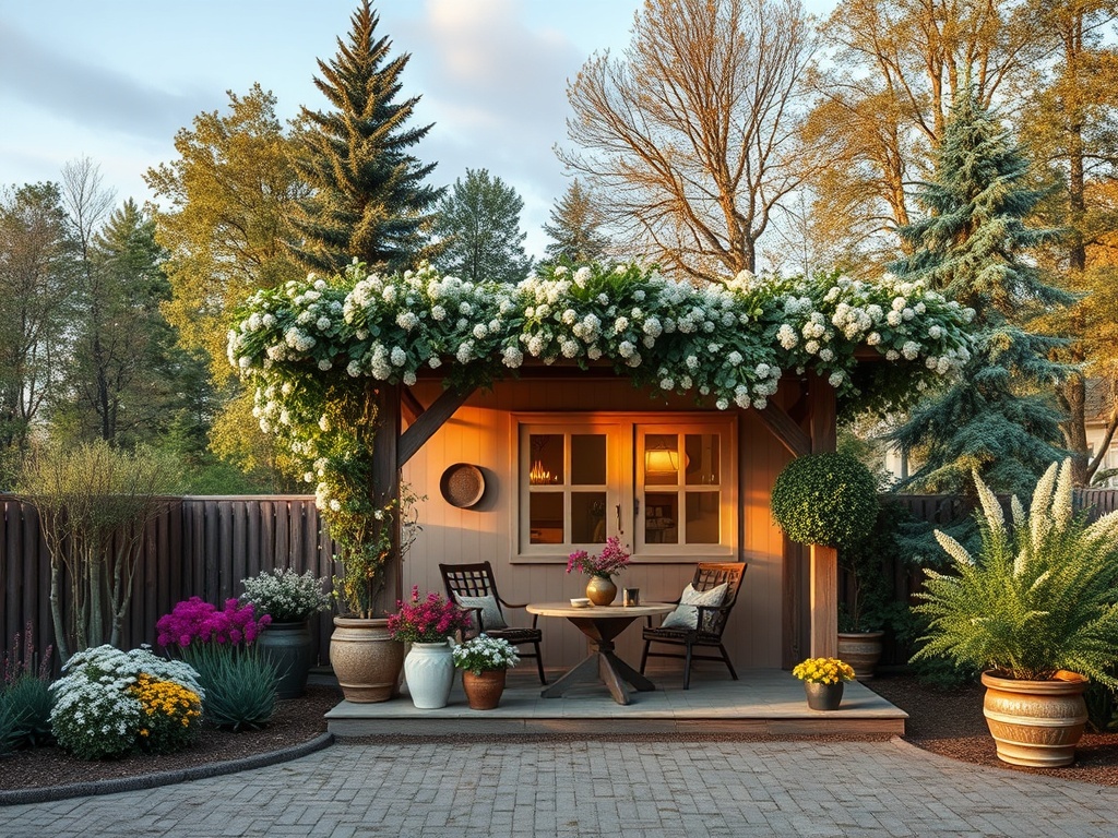 Уютная беседка, окруженная цветами и зелеными растениями, с мебелью для отдыха на улице.