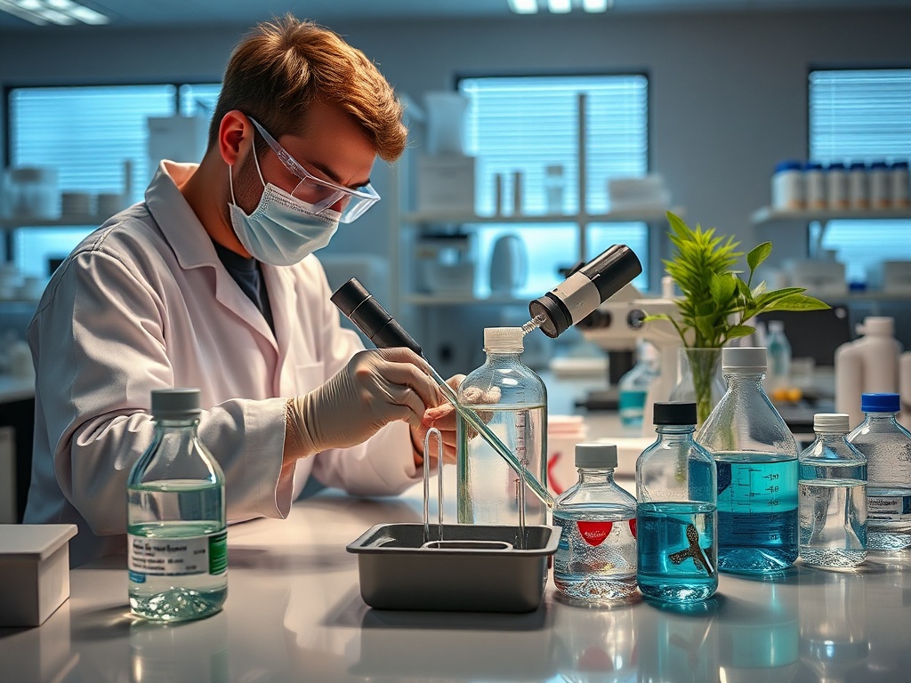 Ученый в лаборатории проводит эксперимент с пробирками и различными растворами.