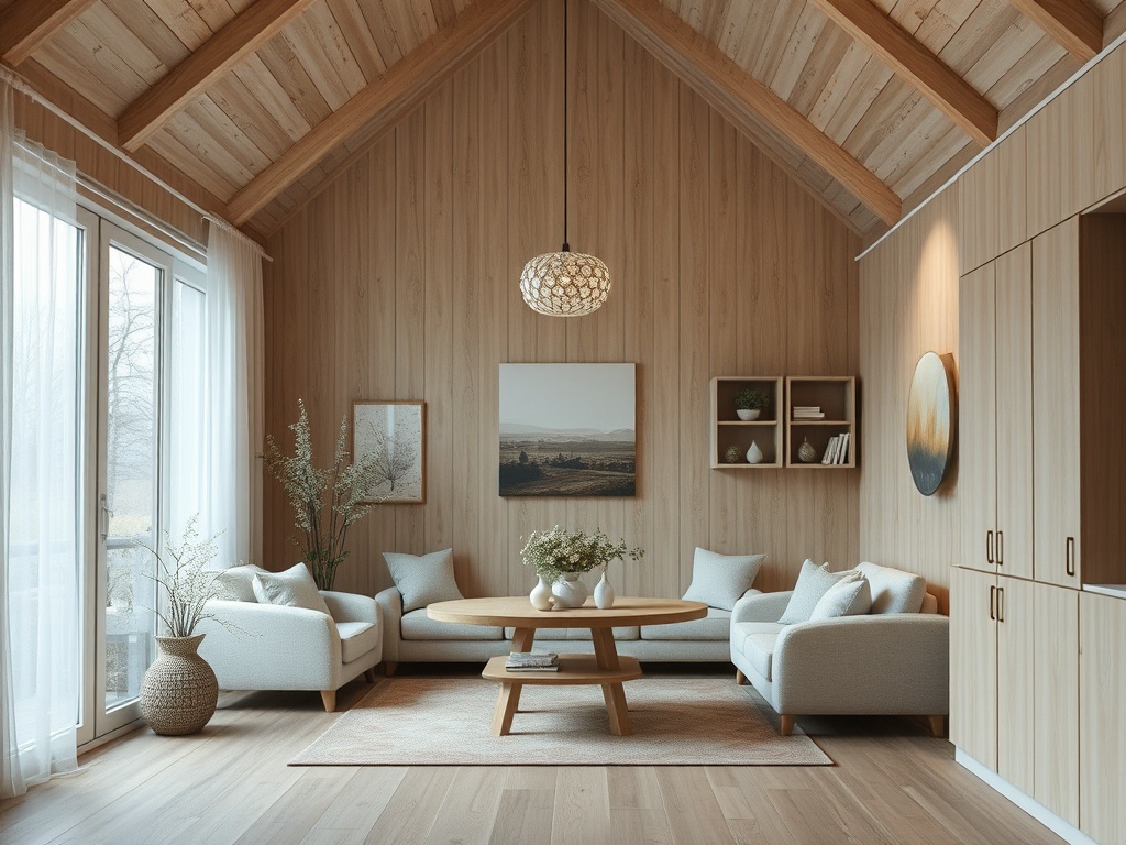 Современная гостиная с высоким деревянным потолком, уютной мебелью и мягким освещением.