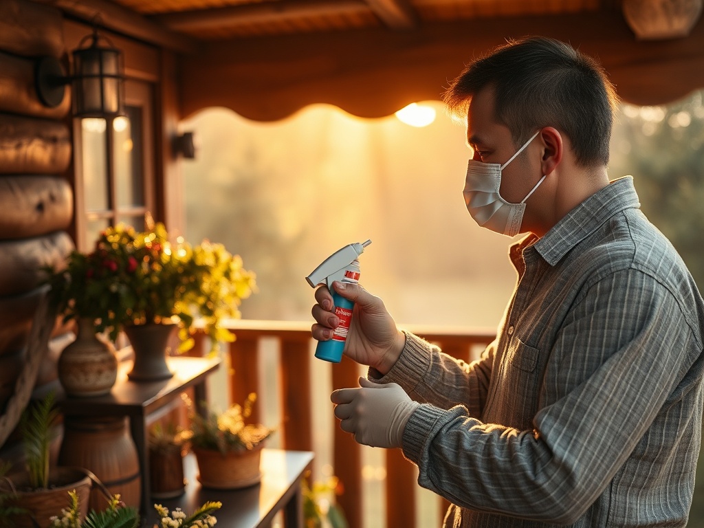 Мужчина в маске и перчатках распыляет средство на растения на веранде в солнечный день.