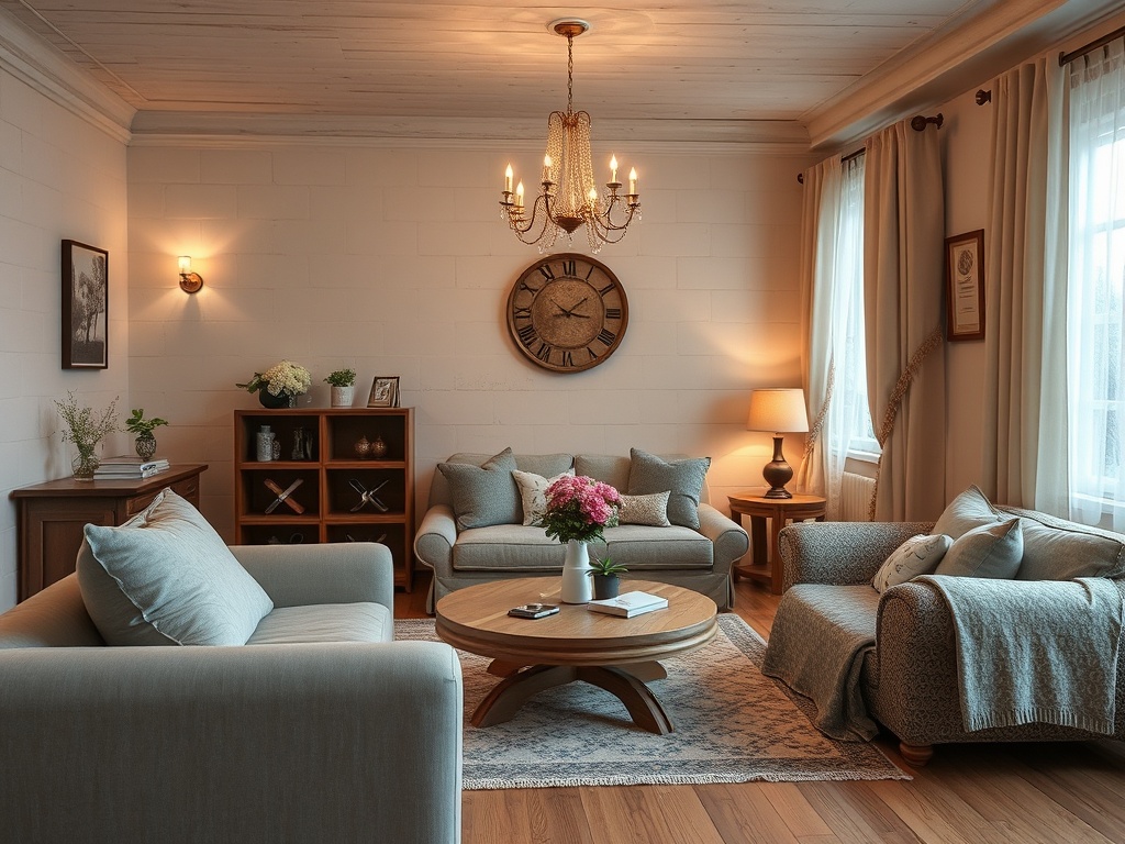 Уютная гостиная с мягкой мебелью, большим часами на стене и цветами на столе. Все исполнено в теплых тонах.