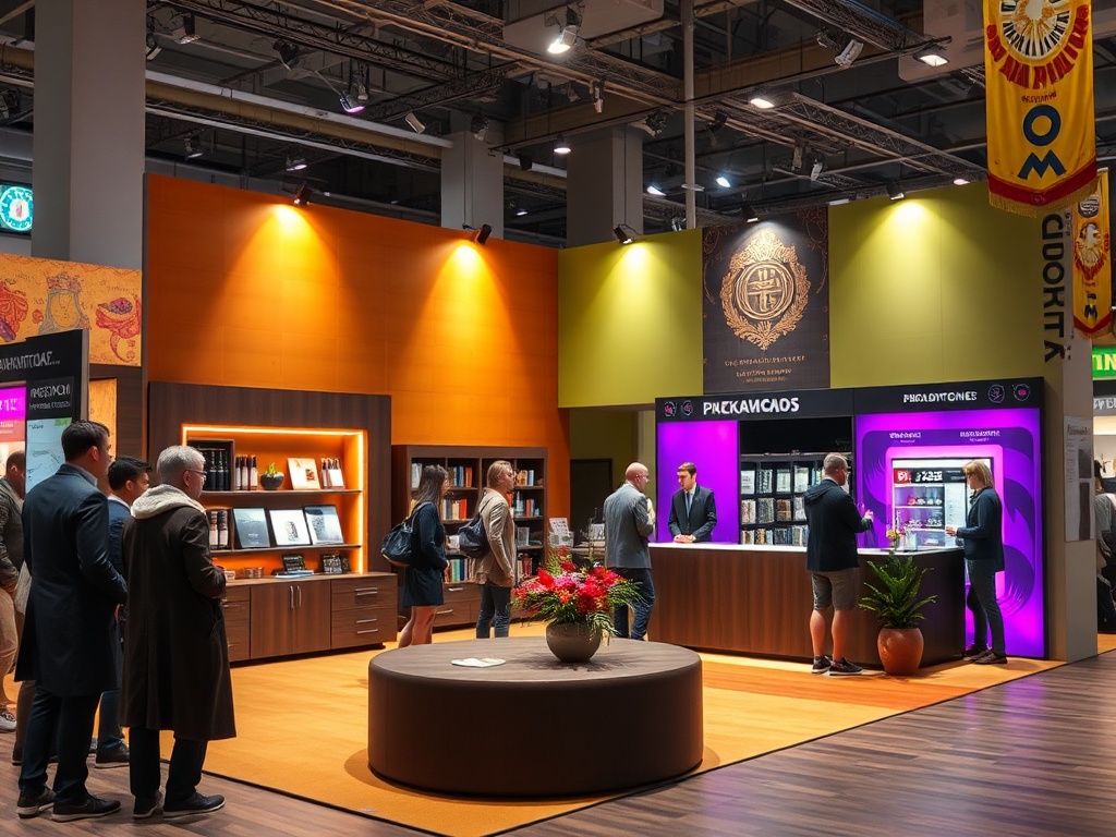 На выставке книги представляют на стенде с библиотечными полками и ярким оформлением.