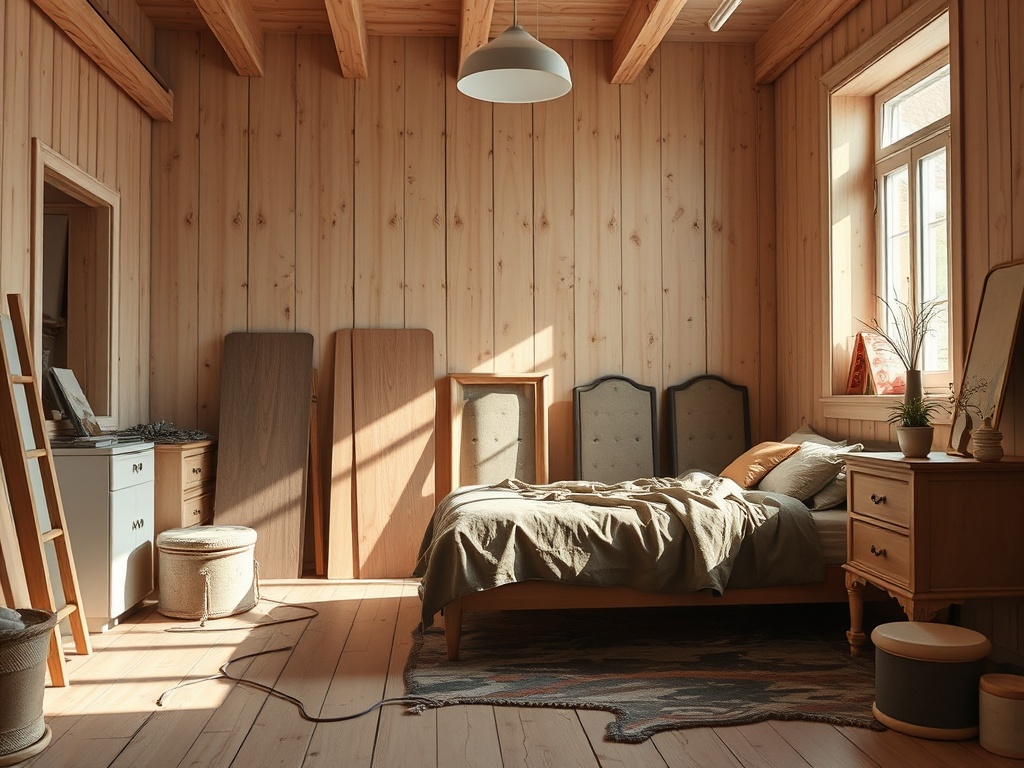 Светлая комната с деревянными стенами, уютная кровать и мебель в спокойных тонах, солнечный свет.