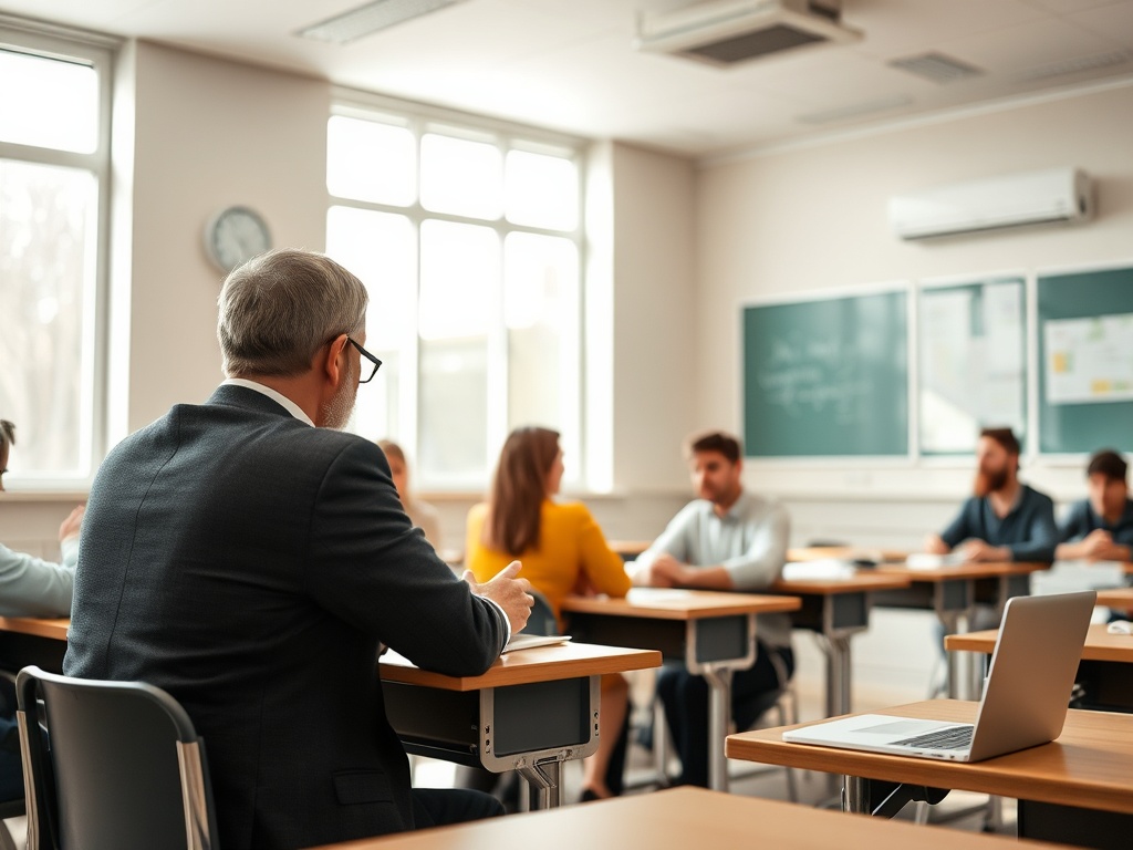 В аудитории обсуждают тему, студенты слушают преподавателя и делают заметки. За столом стоит ноутбук.