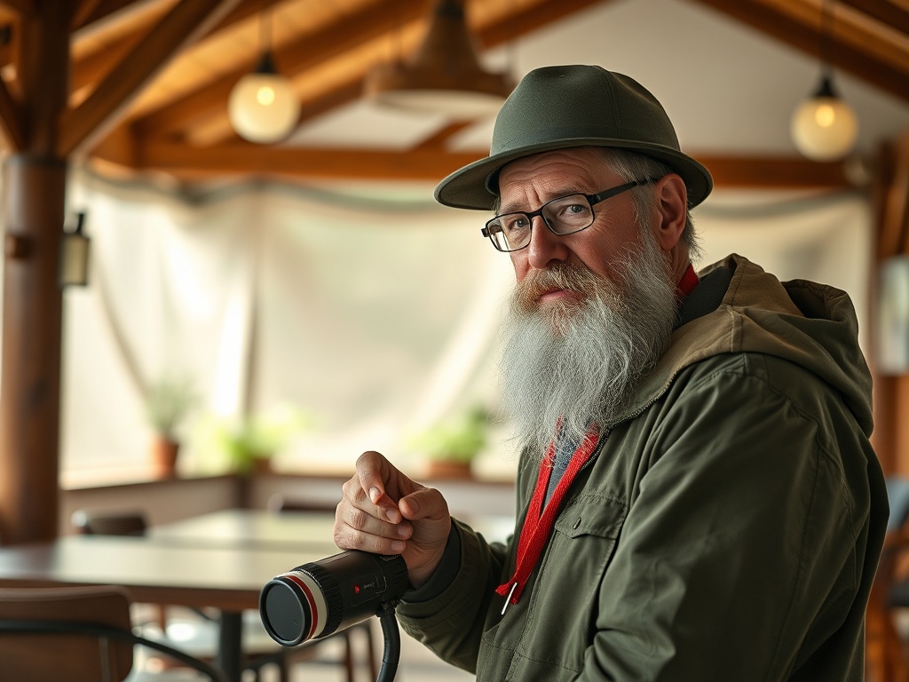 Пожилой мужчина с бородой и шляпой, держит камеру в уютном кафе с деревянным интерьером.