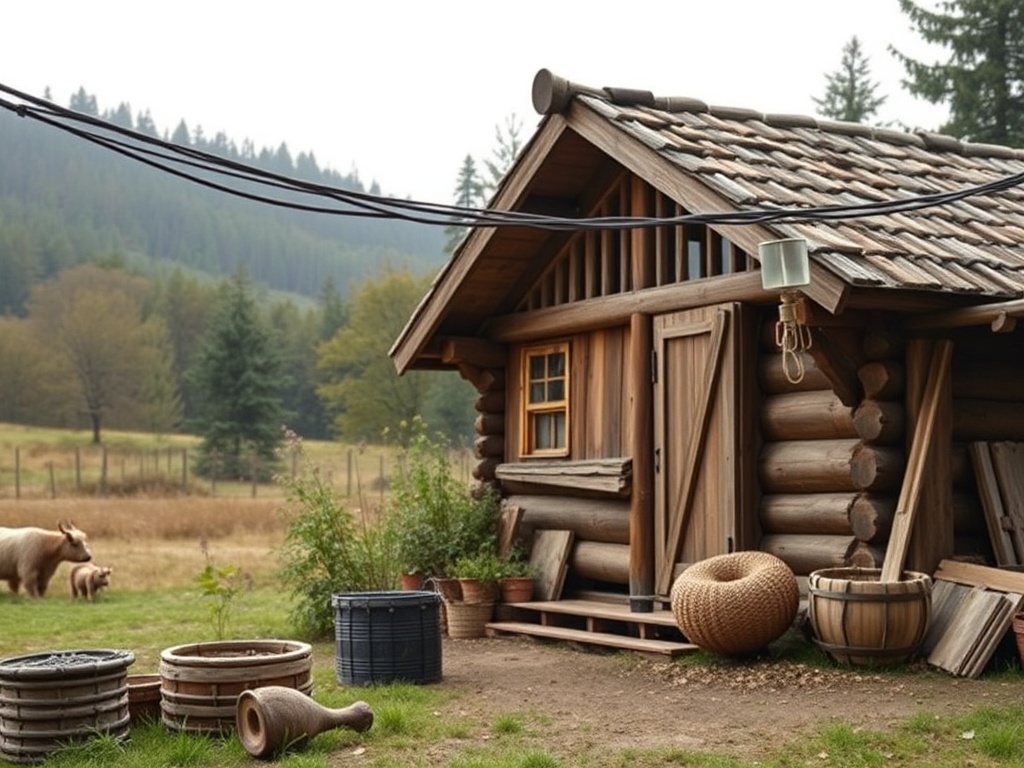 Уютный деревянный домик на природе с деревянными бочками и красивым пейзажем на фоне.