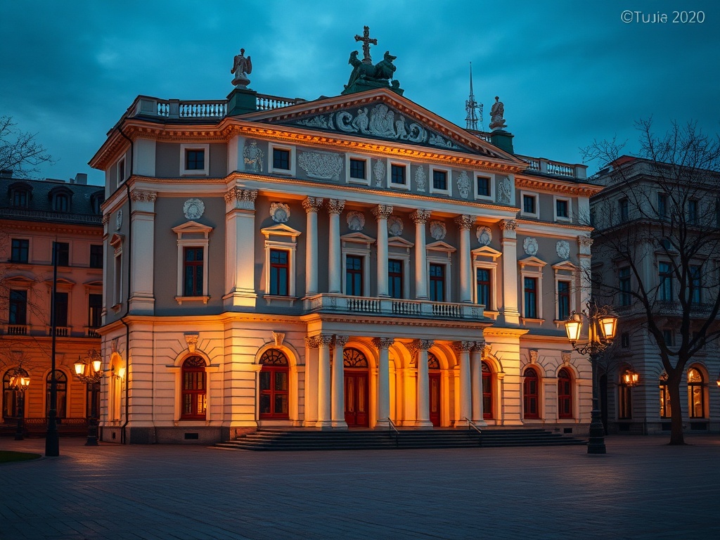 Здание с колоннами и освещением на фоне вечернего неба, украшенное статуями и фонарями.