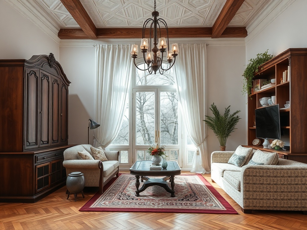 Современная гостиная с большими окнами, элегантной мебелью и уютной атмосферой. Деревянные балки на потолке.