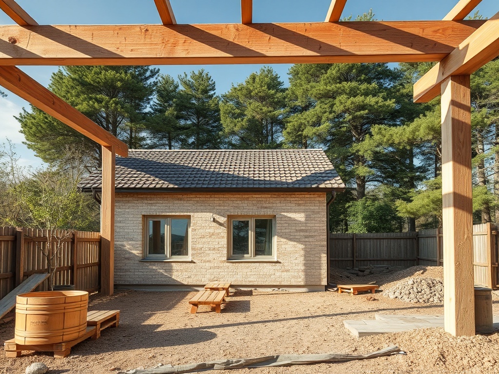 Дом с двором, окруженный деревьями, с деревянной террасой и скамейками. Цветочная клумба и небольшая бочка.