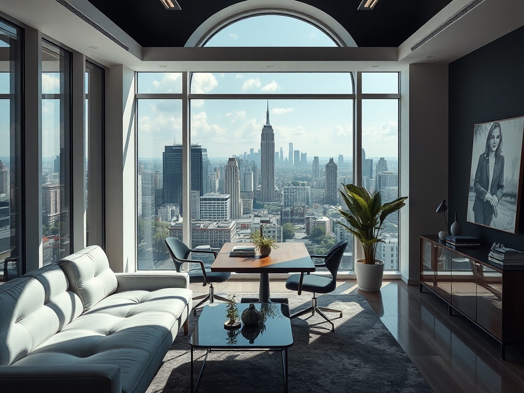 Современный офис с видом на город, в центре Нью-Йорка, с уютной мебелью и ярким освещением.