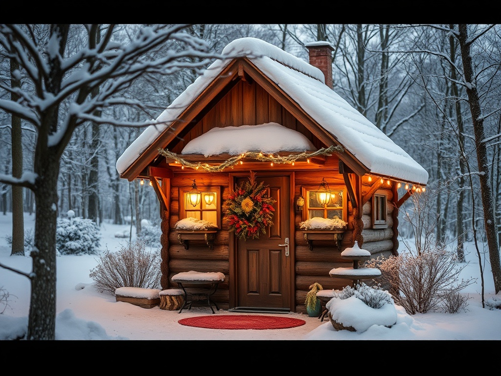 Очаровательный деревянный домик под снегом, украшенный огоньками и рождественским венком. Зимняя идиллия.