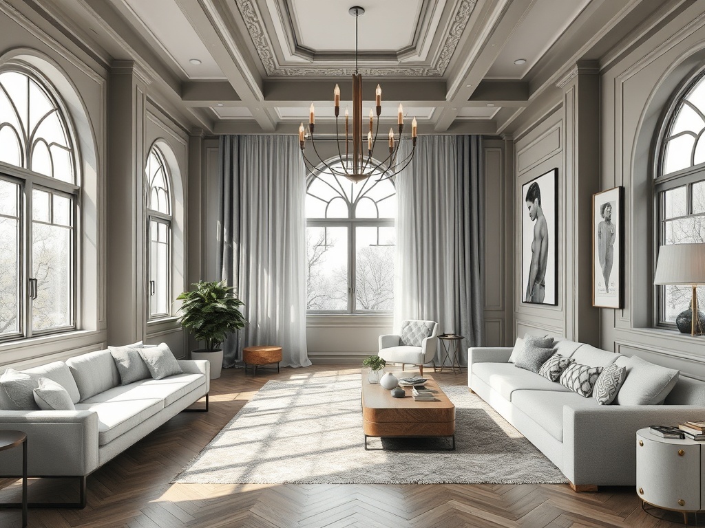 Современная гостиная с большими окнами, стильной мебелью и элегантными декоративными элементами.