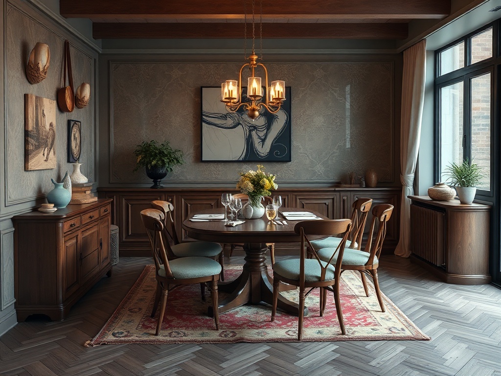 Уютная столовая с деревянной мебелью, столом и стульями, украшенная живописью и уютными элементами декора.