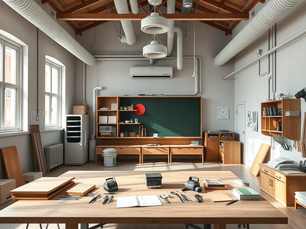 Современный рабочий кабинет с деревянной мебелью, партами и канцелярскими принадлежностями. Светлое, просторное пространство.