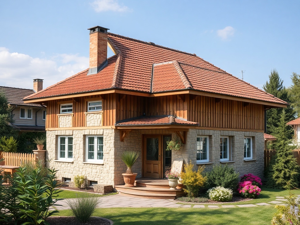 Уютный дом с красной крышей и зелёным газоном, окружённый цветами и растениями. солнечный день.