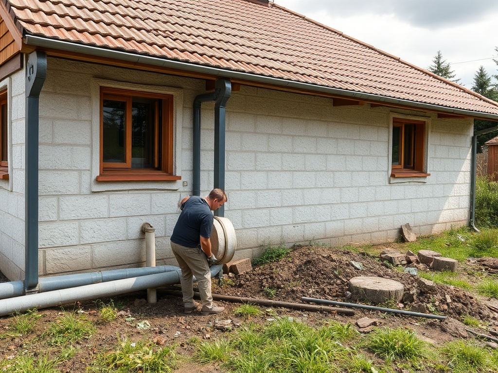 Мужчина работает с сантехникой рядом с домом, рыхлая почва и трубы видны на фоне.