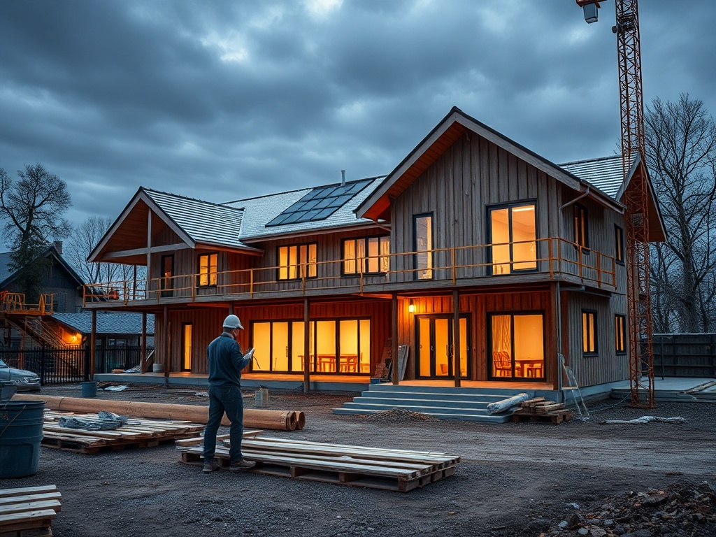 На строительной площадке стоит дом с большими окнами, рабочий в каске проверяет информацию на смартфоне.