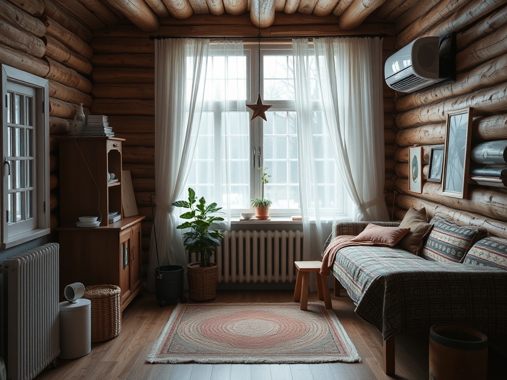 Уютная комната с деревянными стенами, окном, растением и диваном, создающая атмосферу спокойствия.