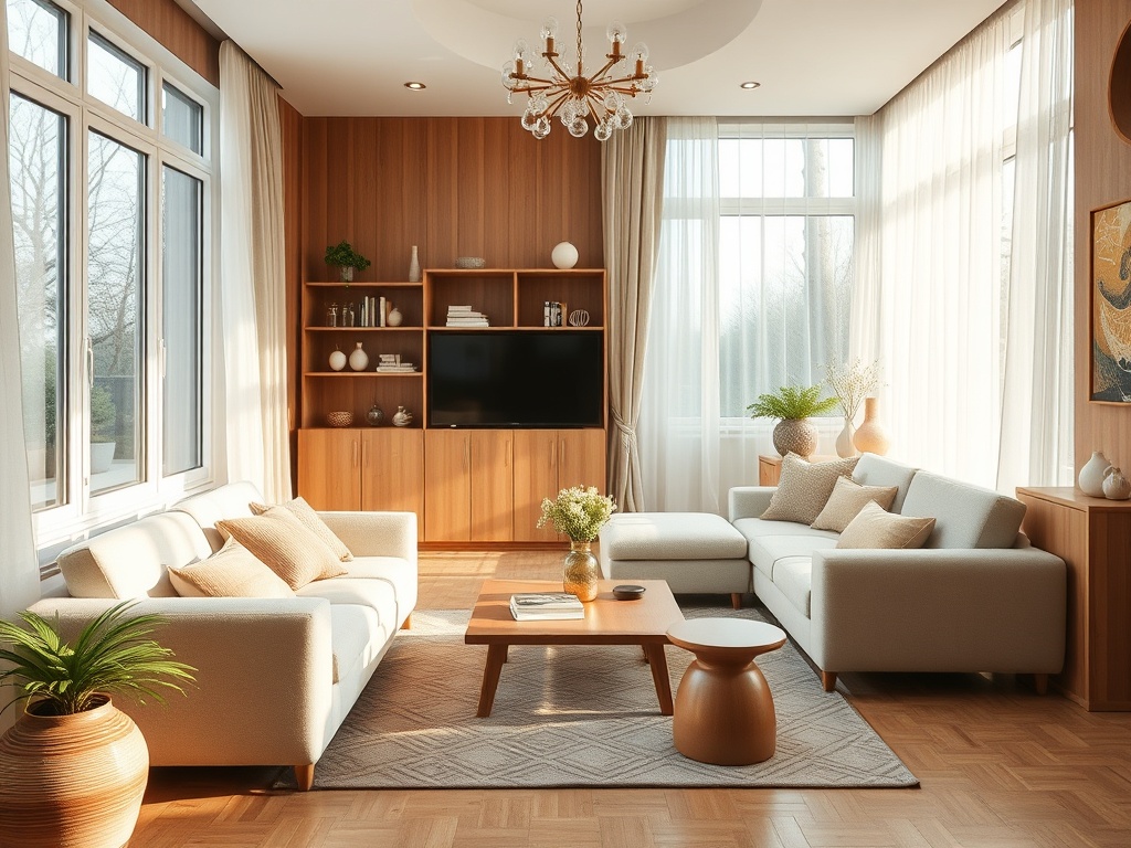 Светлая гостиная с большими окнами, удобной мебелью и деревянными элементами интерьера. Уютная атмосфера.